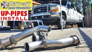 2001 F350 73  RiffRaff UpPipes Install  Stock up pipes leaking and falling apart JUNK SP [upl. by Elleunamme]