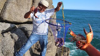 ASÍ PESCAMOS A LOS CANGREJOS DE MAR con Carnada CALAMAR  crab fishing on the rocks [upl. by Htebazileyram739]