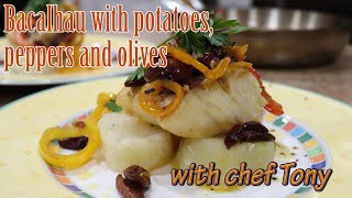 Portuguese Bacalhau with potatoes bell peppers and olives [upl. by Oruhtra]